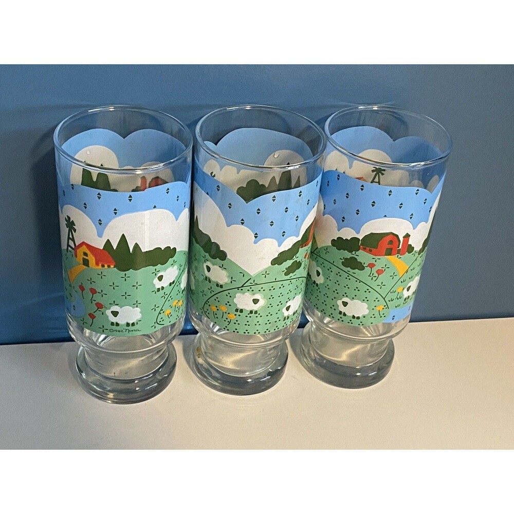 Vtg Nina Sheep Glassware Set 3 Farm Scene 1982 Highball